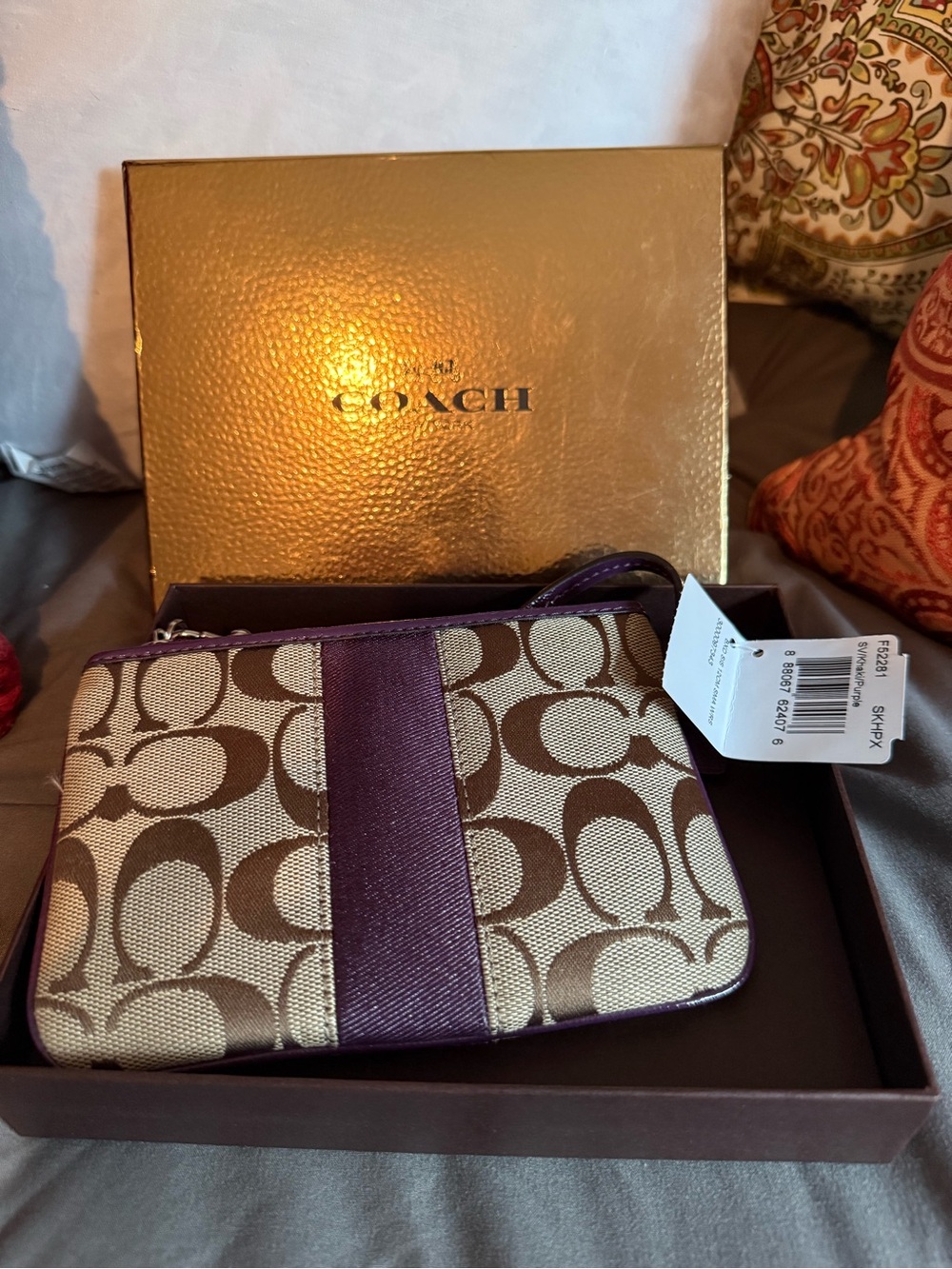 Coach Signature Canvas Wristlet with Purple Trim